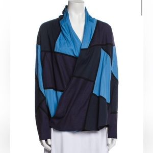 CHLOE Colorblock Cowl Neck Blouse Blue Navy Geometric Wrap Top Sz S 36
